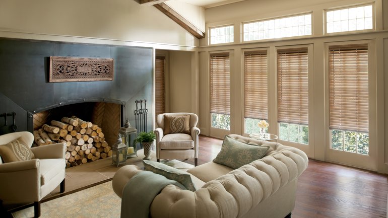 Minneapolis fireplace with blinds